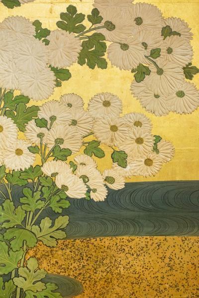 Japanese Six Panel Screen Rimpa School Chrysanthemums on Gold