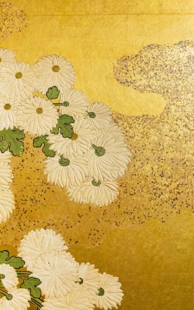 Japanese Six Panel Screen Rimpa School Chrysanthemums on Gold