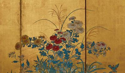 Japanese Six Panel Screen Rimpa Style Summer Flowers on Gold