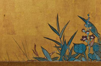 Japanese Six Panel Screen Rimpa Style Summer Flowers on Gold