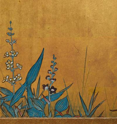 Japanese Six Panel Screen Rimpa Style Summer Flowers on Gold