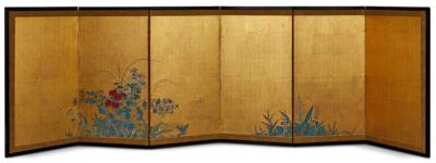 Japanese Six Panel Screen Rimpa Style Summer Flowers on Gold