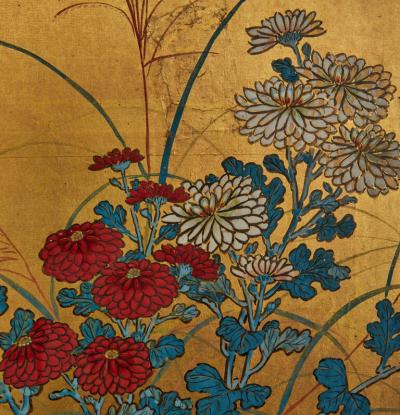 Japanese Six Panel Screen Rimpa Style Summer Flowers on Gold