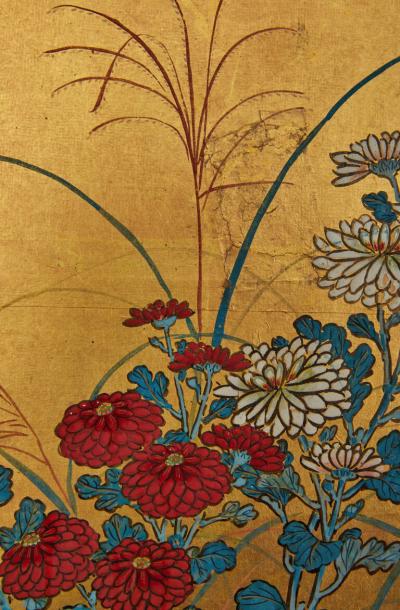 Japanese Six Panel Screen Rimpa Style Summer Flowers on Gold