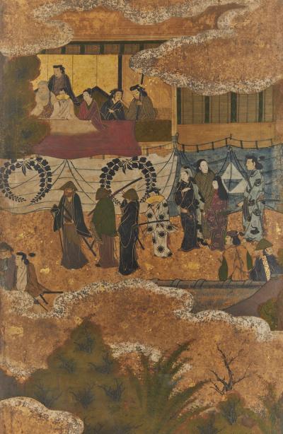 Japanese Six Panel Screen Samurai Gathering from Various Provinces