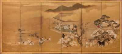 Japanese Six Panel Screen Scene from the Tale of Genji