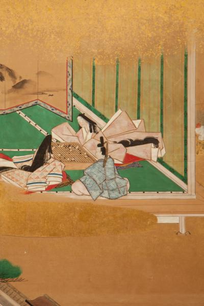 Japanese Six Panel Screen Scenes from the Tale of Genji