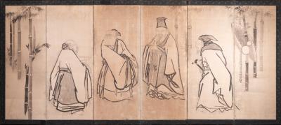 Japanese Six Panel Screen Scholars in a Bamboo Forest