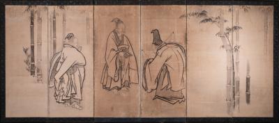 Japanese Six Panel Screen Scholars in a Bamboo Forest