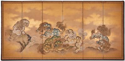 Japanese Six Panel Screen ShiShi in River Landscape