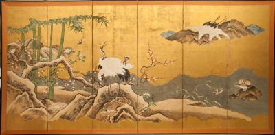 Japanese Six Panel Screen Snow Scene at Water s Edge with Flowers and Waterfowl