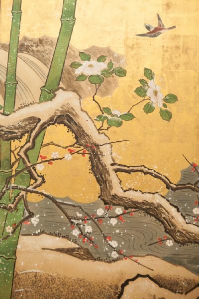 Japanese Six Panel Screen Snow Scene at Water s Edge with Flowers and Waterfowl