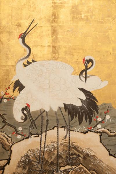 Japanese Six Panel Screen Snow Scene at Water s Edge with Flowers and Waterfowl