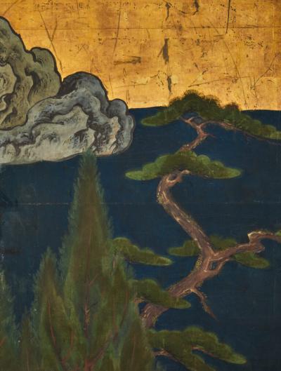 Japanese Six Panel Screen Thatched Pavillion in Cedar Landscape