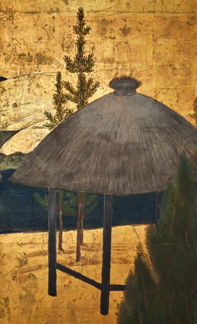 Japanese Six Panel Screen Thatched Pavillion in Cedar Landscape