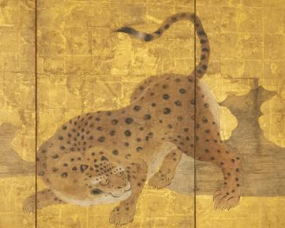 Japanese Six Panel Screen Tiger and Leopard in a Bamboo Grove