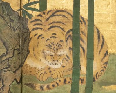 Japanese Six Panel Screen Tiger and Leopard in a Bamboo Grove
