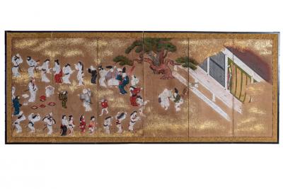 Japanese Six Panel Screen Tosa School Painting of Theatre Scene