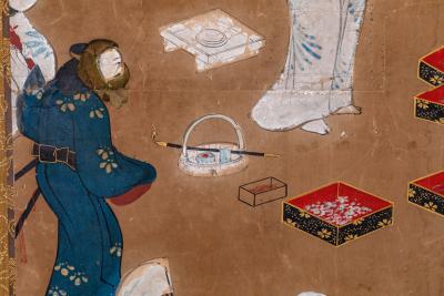 Japanese Six Panel Screen Tosa School Painting of Theatre Scene