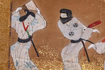 Japanese Six Panel Screen Tosa School Painting of Theatre Scene