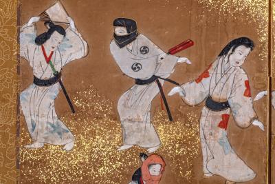 Japanese Six Panel Screen Tosa School Painting of Theatre Scene