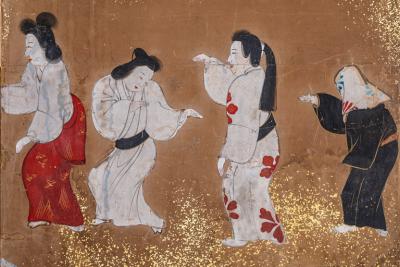Japanese Six Panel Screen Tosa School Painting of Theatre Scene
