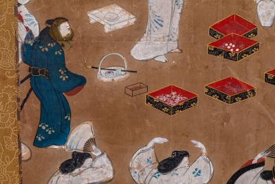 Japanese Six Panel Screen Tosa School Painting of Theatre Scene