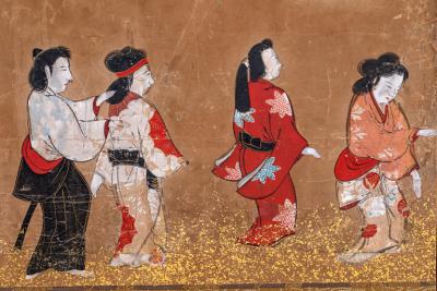 Japanese Six Panel Screen Tosa School Painting of Theatre Scene