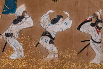 Japanese Six Panel Screen Tosa School Painting of Theatre Scene