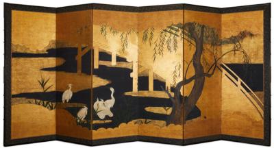 Japanese Six Panel Screen Uji Bridge with Herons and Summer Willow