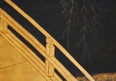 Japanese Six Panel Screen Uji Bridge with Herons and Summer Willow