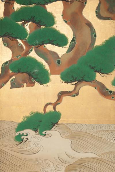 Japanese Six Panel Screen Waves and Pine Tree