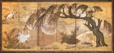 Japanese Six Panel Screen Willow Herons and Water Landscape