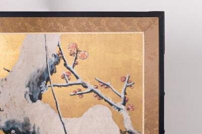 Japanese Six Panel Screen Winter Landscape with Flowering Plum