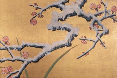 Japanese Six Panel Screen Winter Landscape with Flowering Plum