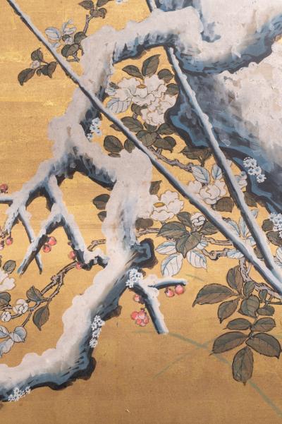 Japanese Six Panel Screen Winter Landscape with Flowering Plum