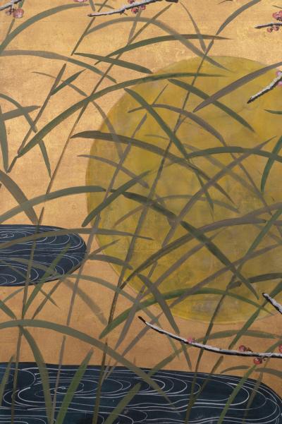 Japanese Six Panel Screen Winter Landscape with Flowering Plum