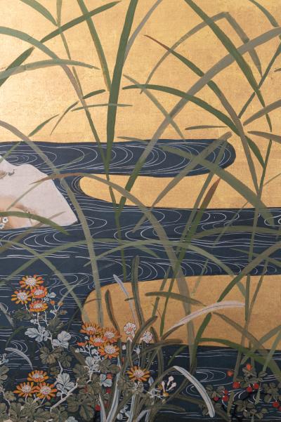 Japanese Six Panel Screen Winter Landscape with Flowering Plum