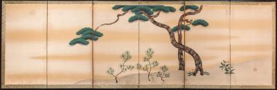 Japanese Six Panel Screen Young Pine and Bell Flowers