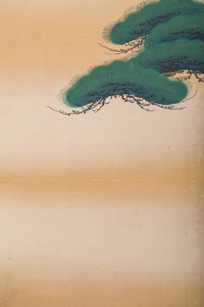 Japanese Six Panel Screen Young Pine and Bell Flowers