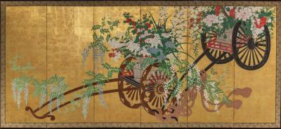 Japanese Six Panel Screens Pair of Festival Carts