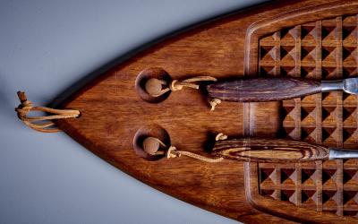 Japanese Teardrop Cutting or Carving Board with Stainless Steel Cutlery NOS