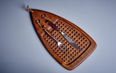 Japanese Teardrop Cutting or Carving Board with Stainless Steel Cutlery NOS