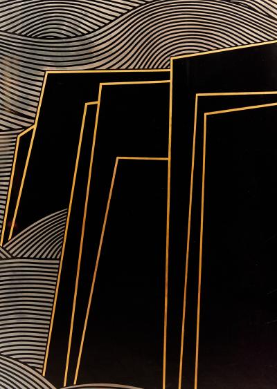 Japanese Two Panel Lacquer Screen Cormorants Among the Waves with Abstract