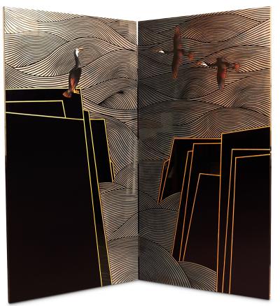 Japanese Two Panel Lacquer Screen Cormorants Among the Waves with Abstract