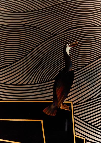 Japanese Two Panel Lacquer Screen Cormorants Among the Waves with Abstract