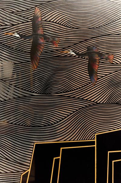 Japanese Two Panel Lacquer Screen Cormorants Among the Waves with Abstract