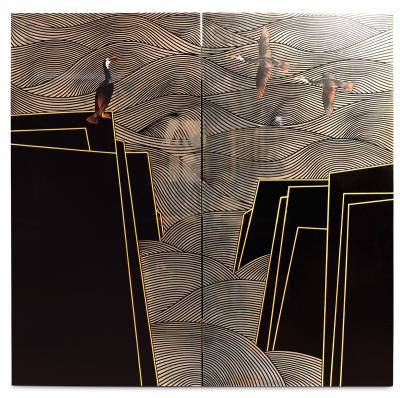 Japanese Two Panel Lacquer Screen Cormorants Among the Waves with Abstract