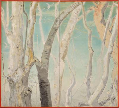 Japanese Two Panel Screen A View Through the Trees