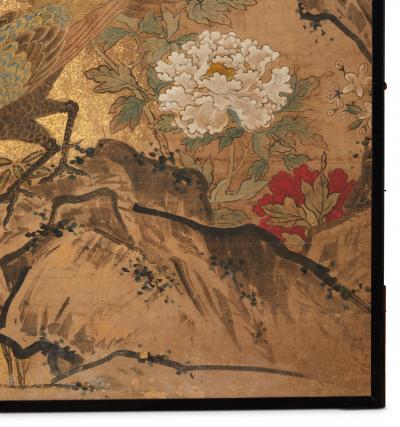 Japanese Two Panel Screen Amorous Pea fowl in Craggy Garden Landscape